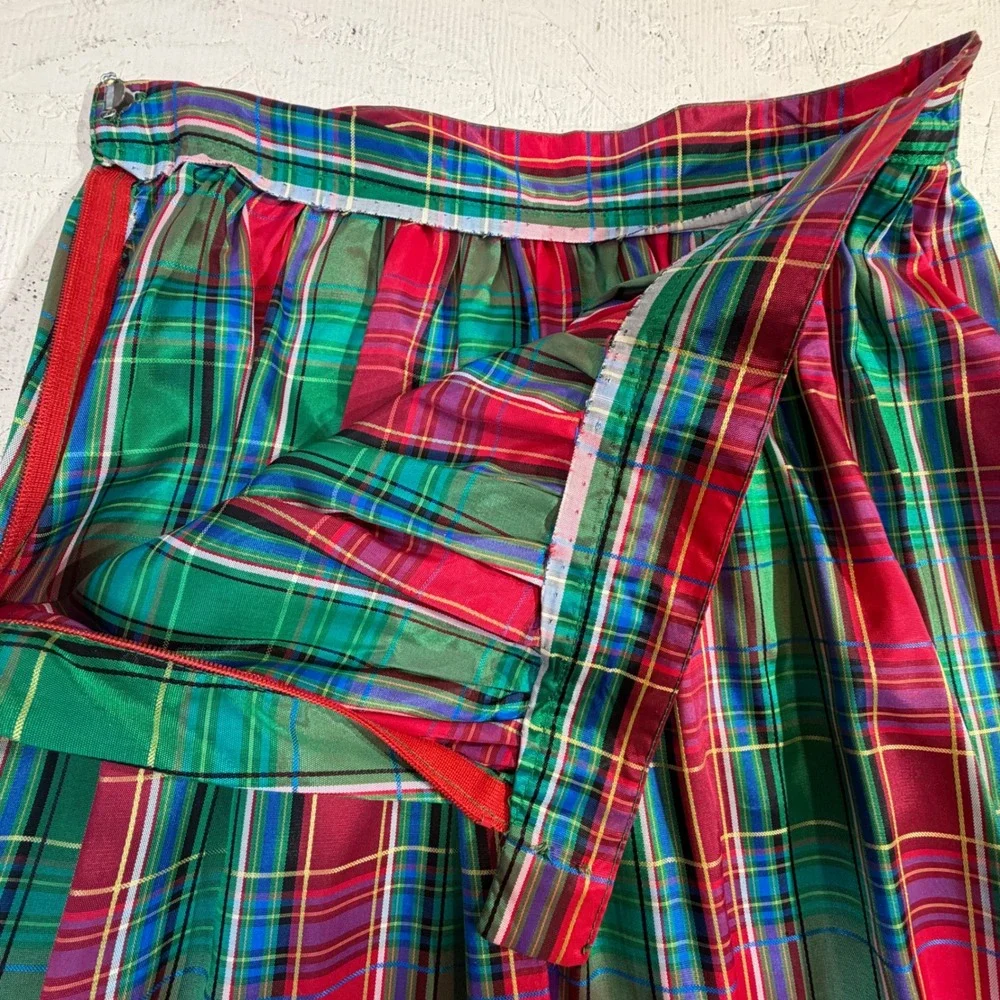 Vintage Taffeta Skirt Maxi Red Green Plaid Full‎ Length High Waisted Holiday